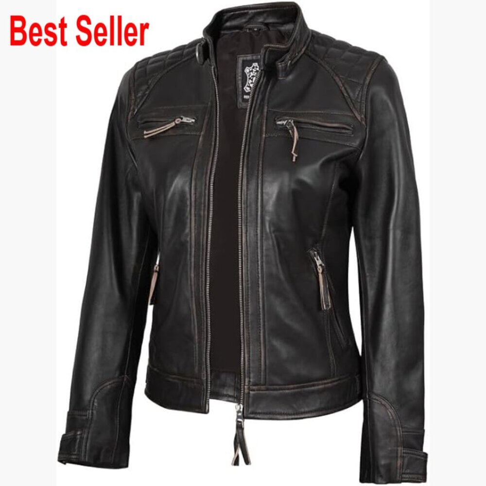 Real Lambskin Leather Jacket Cafe Racer Style Zipper Closure
